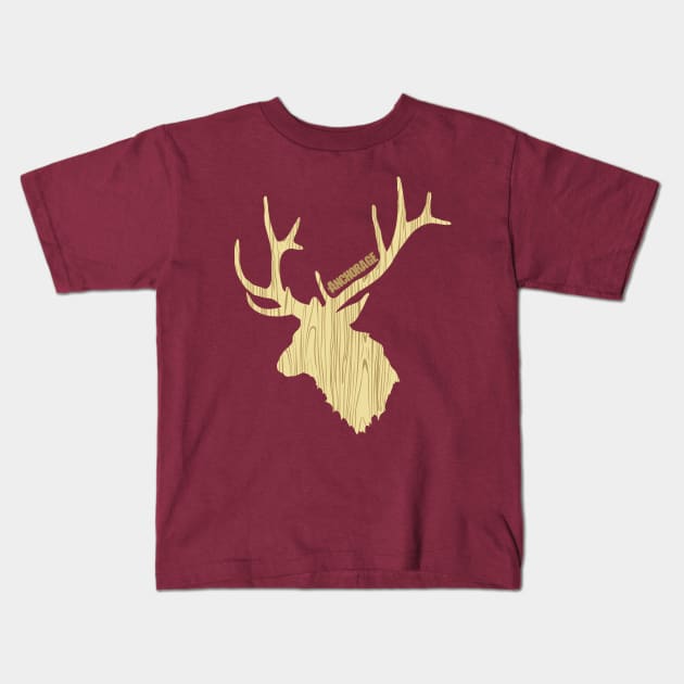 Woodgrain Elk in Anchorage Alaska Kids T-Shirt by MerchFrontier